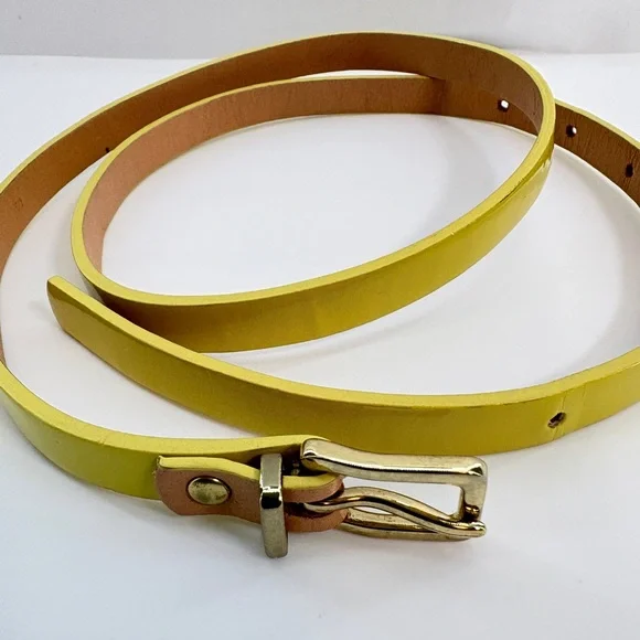J. Crew Thin Yellow Shiny Patent Leather-Like Belt, Brass Buckle, Size Small - Picture 2 of 8
